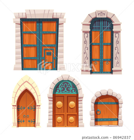 Doors set, wooden and stone medieval entries. 86942837