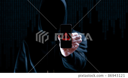 Cyber security hacker smartphone. Internet web hack technology. Digital mobile phone in hacker man hand isolated on black banner. Data protection, secured internet access, cybersecurity. Cyber security hacker smartphone. Internet web hack technology. Digital mobile phone in hacker man hand isolated on black banner. Data protection, secured internet access, cybersecurity. 86943121