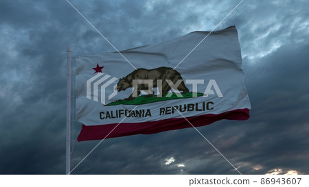 Realistic flag of California waving in the wind against deep heavy stormy sky. 3d illustration Realistic flag of California waving in the wind against deep heavy stormy sky. 3d illustration 86943607