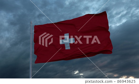 Realistic flag of Switzerland waving in the wind against deep heavy stormy sky. 3d illustration Realistic flag of Switzerland waving in the wind against deep heavy stormy sky. 3d illustration 86943625