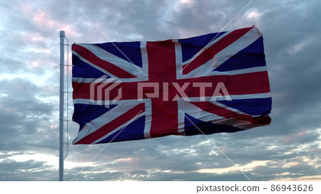Realistic flag of United Kingdom waving in the wind against deep dramatic Sky. 3d illustration 86943626