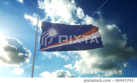 Flag of Marshall Islands waving at wind against beautiful blue sky. 3d rendering Flag of Marshall Islands waving at wind against beautiful blue sky. 3d rendering 86943741