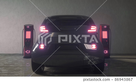 Electric car charging. Electric vehicle charging port plugging in car. 3d rendering Electric car charging. Electric vehicle charging port plugging in car. 3d rendering 86943867