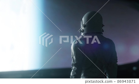 Alone astronaut in futuristic spaceship, room. 3d rendering Alone astronaut in futuristic spaceship, room. 3d rendering 86943871