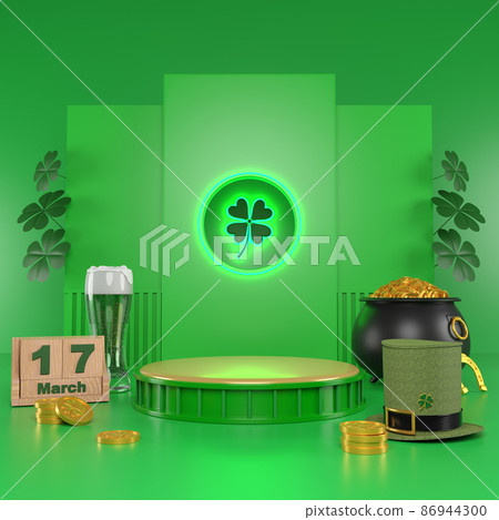 Happy St. Patrick's Day greeting Podium, beer glass and green hat on bright green background. 3d Rendering Happy St. Patrick's Day greeting Podium, beer glass and green hat on bright green background. 3d Rendering 86944300