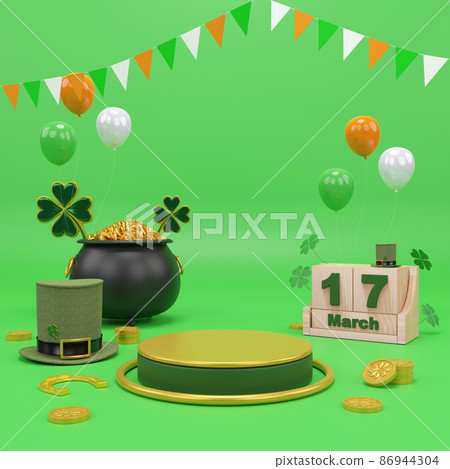 Happy St. Patrick's Day greeting Podium, beer glass and green hat on bright green background. 3d Rendering Happy St. Patrick's Day greeting Podium, beer glass and green hat on bright green background. 3d Rendering 86944304
