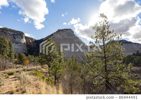 Daytime view of the Checkerboard Mesa in Zion National Park 86944491