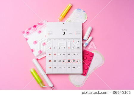 Calendar page with female menstrual hygienic items Calendar page with female menstrual hygienic items 86945365