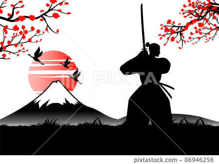 Japanese art with ancient design of samurai training sword near Fuji mount 86946256