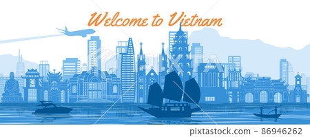 Vietnam famous landmarks silhouette style with blue and white color Vietnam famous landmarks silhouette style with blue and white color 86946262