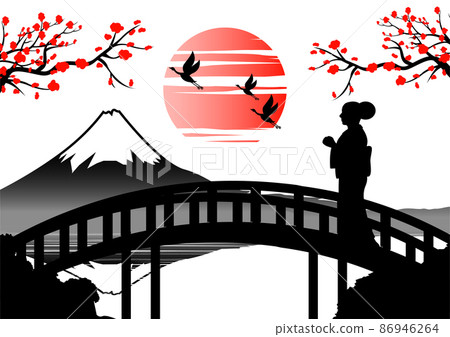 japan woman in kimono dress stand on bridge near Fuji mount on sunset time japan woman in kimono dress stand on bridge near Fuji mount on sunset time 86946264