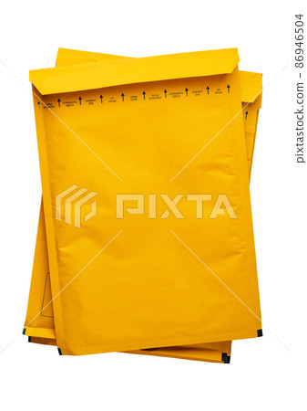 Brown envelope front and back isolated on white background. Letter top view. Brown envelope front and back isolated on white background. Letter top view. 86946504