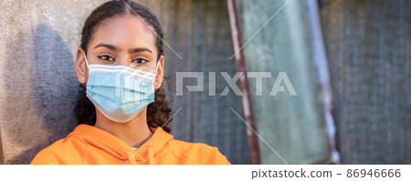 African American female young woman wearing face mask in Coronavirus COVID-19 Pandemic 86946666