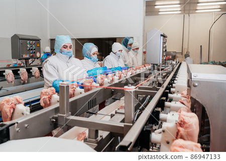 Automated production line with packaging and cutting of meat in modern food factory.Meat processing equipment. Food products meat chicken fillet production line in plastic packaging on the conveyor. Automated production line with packaging and cutting of meat in modern food factory.Meat processing equipment. Food products meat chicken fillet production line in plastic packaging on the conveyor. 86947133