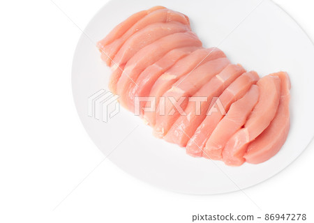 Fresh chicken legs close-up isolade.Top view of a four-piece raw whole chicken leg on a white plate on a white isolated background. Fresh chicken legs close-up isolade.Top view of a four-piece raw whole chicken leg on a white plate on a white isolated background. 86947278
