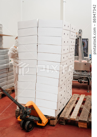 Fork pallet truck with cardboard boxes in a warehouse.Manual pallet truck with carton boxes .Distribution Center.Puts Cardboard Box . Fork pallet truck with cardboard boxes in a warehouse.Manual pallet truck with carton boxes .Distribution Center.Puts Cardboard Box . 86947342