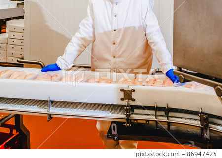Line for the production of semi-finished meat products.Meat processing in food industry.Packing of meat slices in boxes on a conveyor belt.modern poultry processing plant. Line for the production of semi-finished meat products.Meat processing in food industry.Packing of meat slices in boxes on a conveyor belt.modern poultry processing plant. 86947425