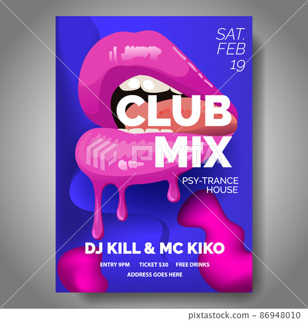 Club poster with pink lips, dance party, fluid design flyer, invitation, banner template, dj music event, vector illustration 86948010