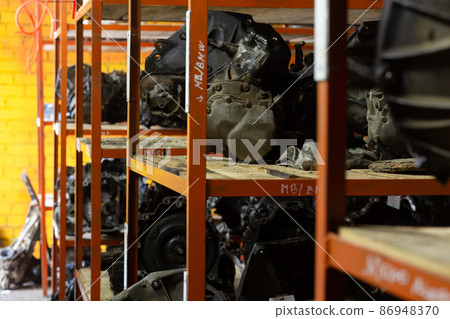 Used car parts on the store shelf. Used car parts on the store shelf. 86948370