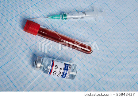 Covid Vaccine Set and Blood Test Tube - Photo on Graph Paper Covid Vaccine Set and Blood Test Tube - Photo on Graph Paper 86948437