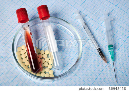 Blood Test-Tubes and Syringes and Capsules in Petri Dish - Photo on Graph Paper 86948438