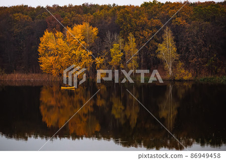 Yellow small boat near the forest with golden autumn trees Yellow small boat near the forest with golden autumn trees 86949458