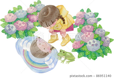 Illustration of a girl looking into a puddle (with hydrangea) 86951140