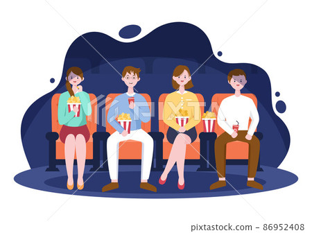 Night Cinema Movie Premiere Screen with Friends Sitting Together on Red Chairs Watching a Film in Flat Design Background Illustration 86952408