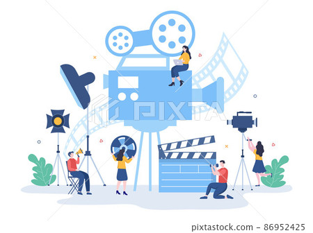 Movie Studio with Camera Crew Team People, Directur, lights, Microphone on Scene Shooting Location for Making Film in Flat Design Background Illustration Movie Studio with Camera Crew Team People, Directur, lights, Microphone on Scene Shooting Location for Making Film in Flat Design Background Illustration 86952425
