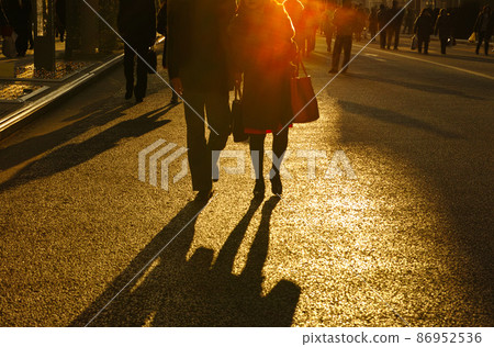Tokyo Ginza, crowd walking in pedestrian paradise in the sunlight at dusk Tokyo Ginza, crowd walking in pedestrian paradise in the sunlight at dusk 86952536
