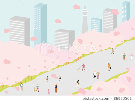 一排櫻花樹、城市景觀和人 一排櫻花樹、城市景觀和人 86953501