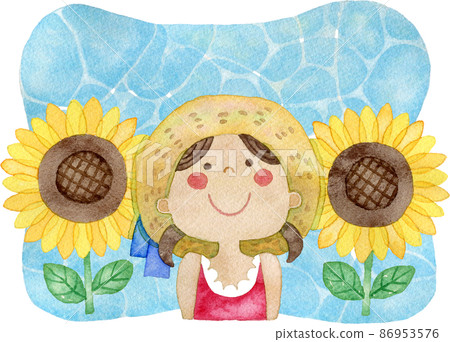 一個微笑的女孩和一朵向日葵的插圖（有背景） 86953576