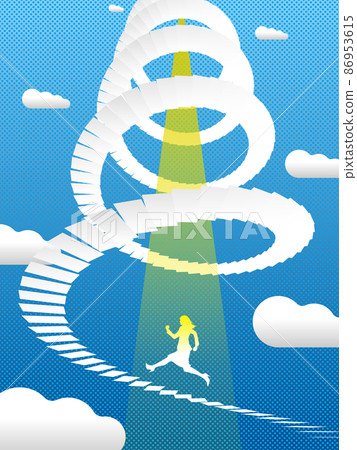A woman who continues to climb long stairs guided by light 86953615