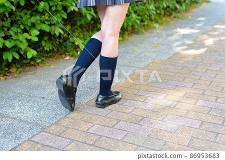 High school girls commuting to school with loafers, back view, commuting to and from school, no face 86953683
