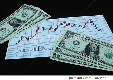 [Thumbnails of articles about foreign exchange, FX, stocks, dollar yen, bitcoin, etc.] One dollar bill and chart 86954320