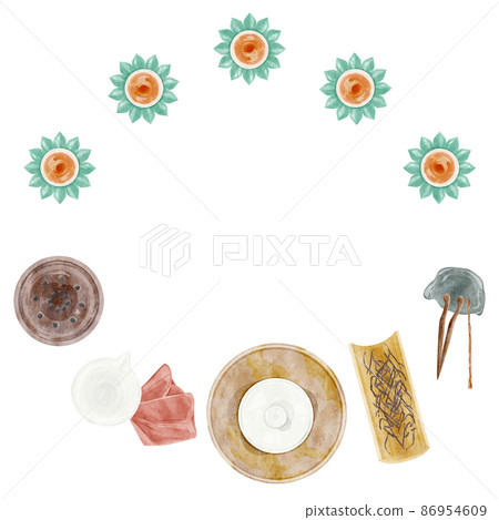 Chinese tea party tools hand drawn watercolor style illustration 86954609