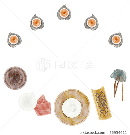 Chinese tea party tools hand drawn watercolor style illustration Chinese tea party tools hand drawn watercolor style illustration 86954611