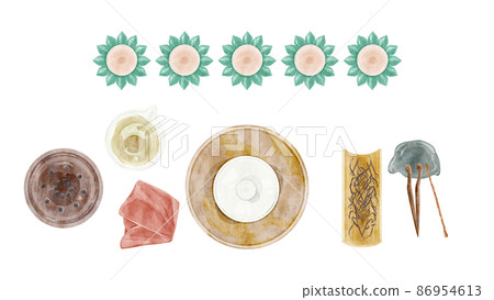 Chinese tea party tools hand drawn watercolor style illustration 86954613