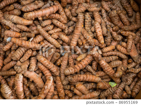 Closeup of dried turmeric rhizomes as natural food background Closeup of dried turmeric rhizomes as natural food background 86955169