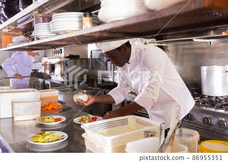 Professional african american cook working in kitchen of restaurant Professional african american cook working in kitchen of restaurant 86955351