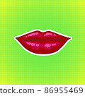 Sexy red lips icon on dotted comics background. Beautiful womans kiss with glossy lipstick. Fashion vector illustration. 86955469