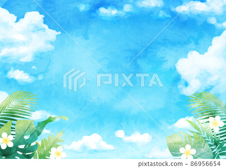 Watercolor illustration background of blue sky and tropical plants (resort, summer, travel) Watercolor illustration background of blue sky and tropical plants (resort, summer, travel) 86956654
