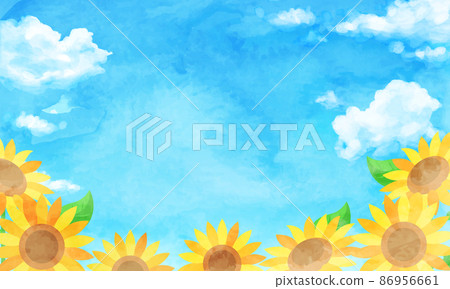 Summer watercolor vector illustration background of sunflower field, blue sky and cumulonimbus 86956661