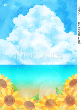 Summer watercolor vector illustration background of sunflower field, sea, blue sky and cumulonimbus 86956662