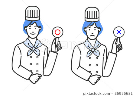 White ba with a variation of the facial expression of a young woman in a pastry chef wearing a cute Asian cock coat with bob short hair 86956681