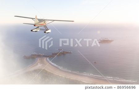 Seaplane Flying over the West Coast Pacific Ocean at sunset. 86956696