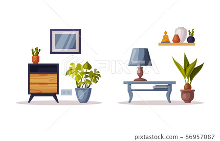 Furniture and accessories for cozy room interior. Wooden chest of drawers, potted houseplant and picture on wall vector illustration 86957087