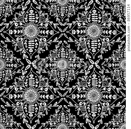 Vector monochrome floral pattern with folk ornament. Seamless tiled texture with white rural contour flower composition on black background. Vector monochrome floral pattern with folk ornament. Seamless tiled texture with white rural contour flower composition on black background. 86957114