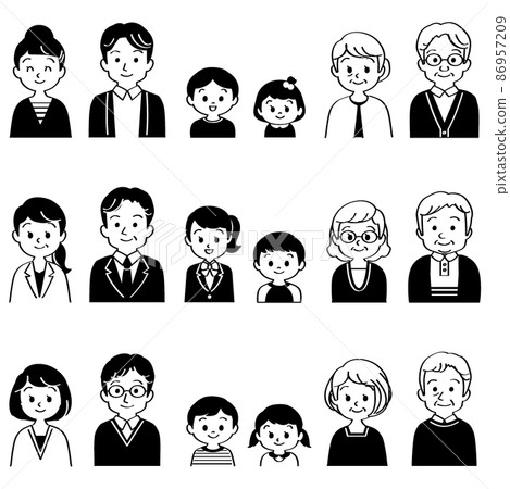 插圖素材集：3 組 3 代家庭面帶微笑面對前方（半身像 / 帶主線 / 黑白） 86957209