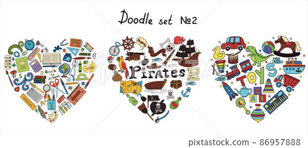 Vector doodle pirate, toys, school supples sets. A map with a hand-drawn sketch of a mermaid ship and pirate items. Template for children s postcards. Map of treasure island. Hand draw collection of Vector doodle pirate, toys, school supples sets. A map with a hand-drawn sketch of a mermaid ship and pirate items. Template for children s postcards. Map of treasure island. Hand draw collection of 86957888